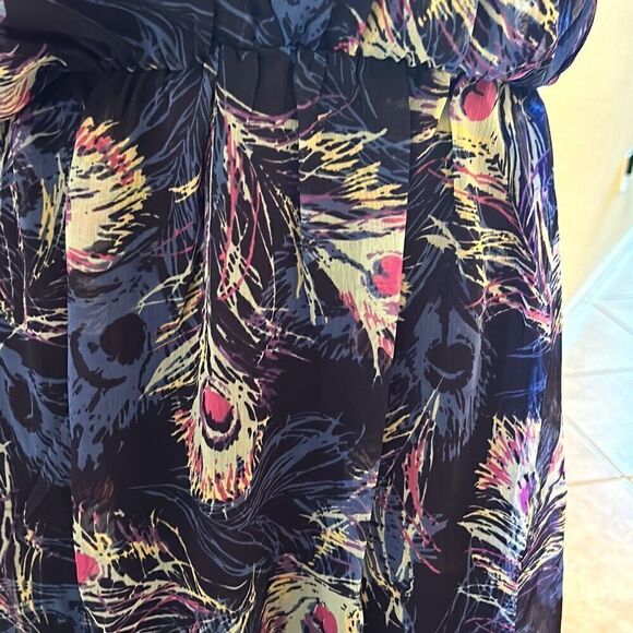 382 Womens M Semi Sheer Peacock Print Mini Slip Dress Blue Purple Flowy Vacation - Picture 9 of 11